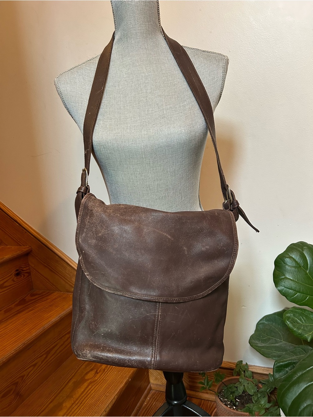 Vintage 1990s Coach Whitney Brown Leather Messenger Bag with Flap